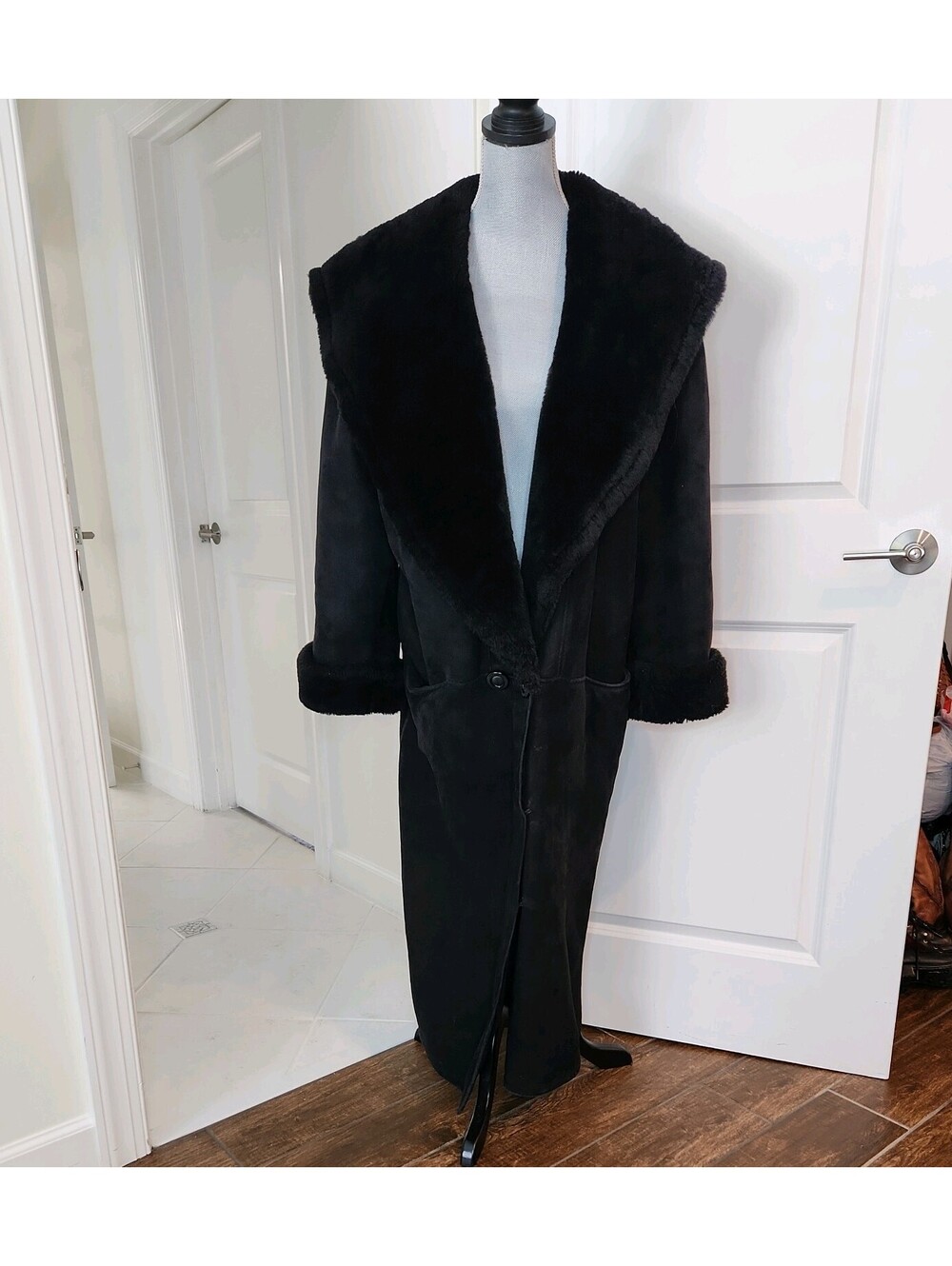 RARE Genuine Sheepskin Shearling Fur Coat Long Dramatic Shawl Blk S Oversized 12